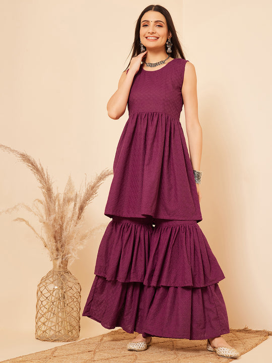 Purple Lace Work Double Layer Sharara Set