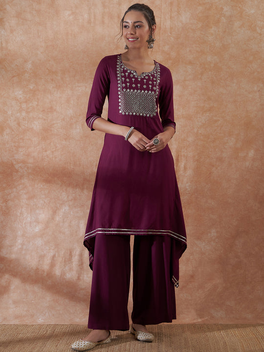 Burgundy Emb Assymetrical Kurta Pant Set