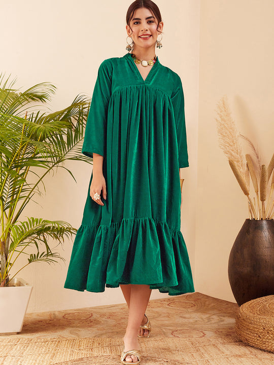 Teal Velvet Manderia V Neck Flared Dress