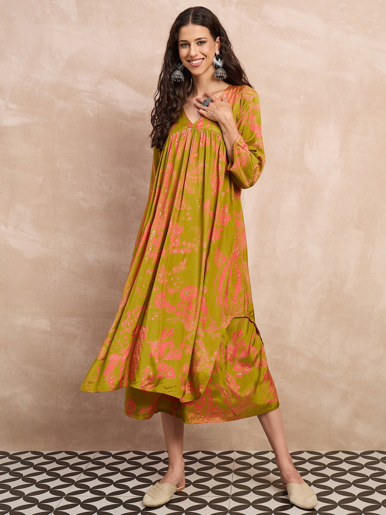 Light Olive Peach Print Flared Kurta Set