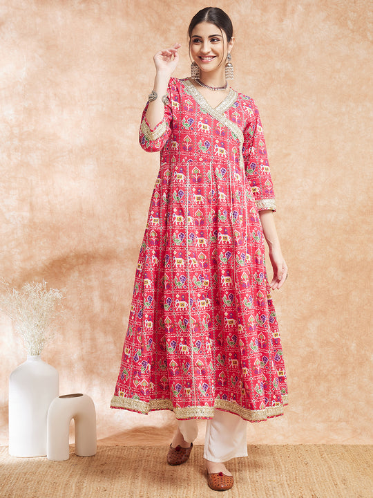 Pink Patola Printed Gota Embroidered Anarkali Kurta