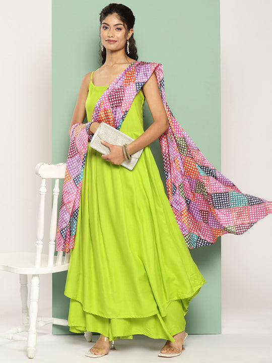 Lime Green Strappy Set W Square Bandhani Print Silk Dupatta