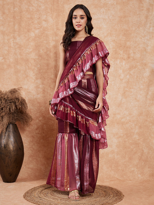 Dark Maroon Shaded Lurex Frill Sharara Saree