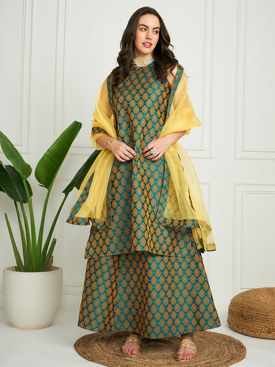 Pine Green Jacquard Halter Kurta Set W Yellow Or Dupatta