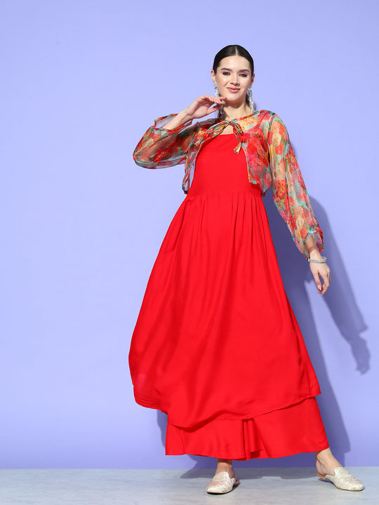 Red Strappy Set With Green Floral Short Organza Cape