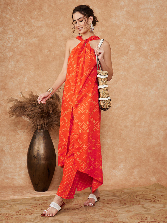 Orange S Print Twisted Neckline Kurta Pant Set