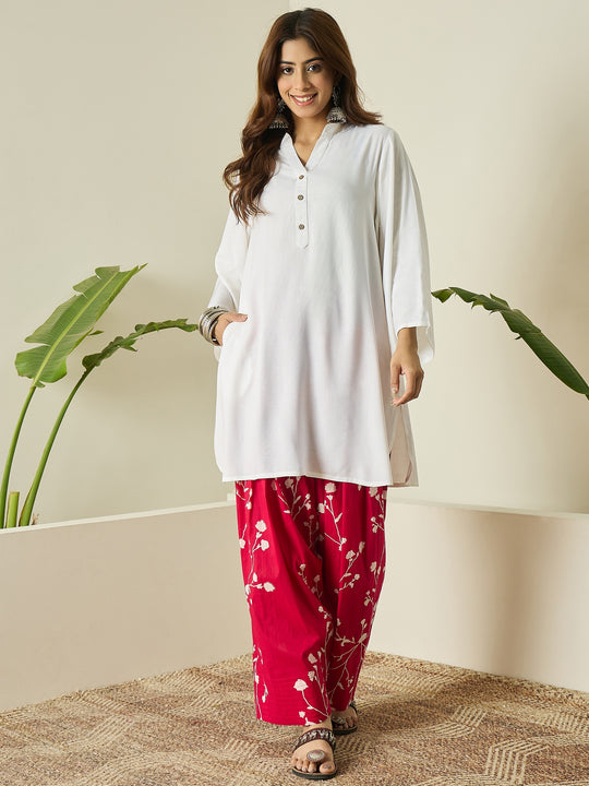 White Kurta Fuchsia Floral Salwar Set