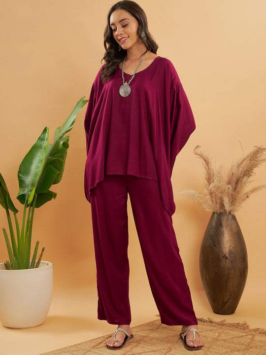 Jam Wine Solid Boho Full Sleeve Coord Set