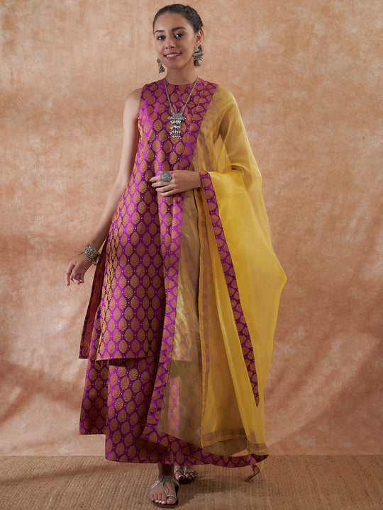 Royal Purple Jacquard Halter Kurta Set W Yellow Or Dupatta