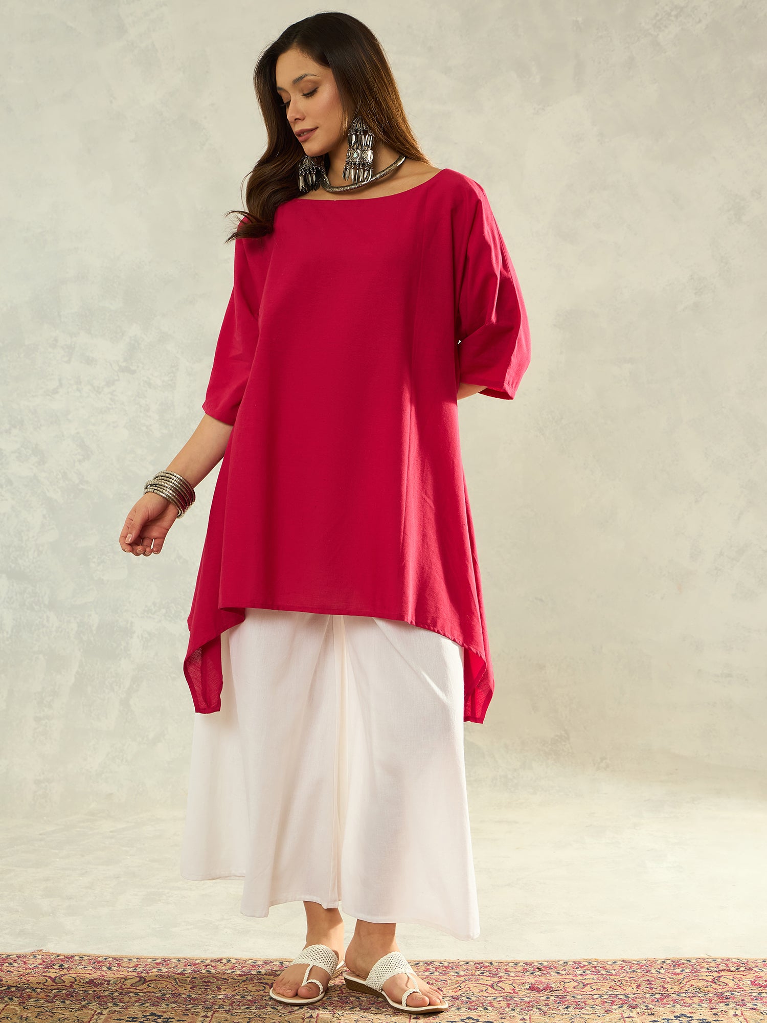 Dark Pink Boat Neck White Palazzo Set