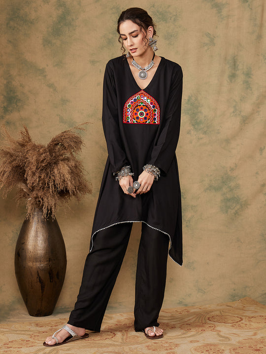 Black Trangle Maroon Patch Work Assymentrical Kurta Set