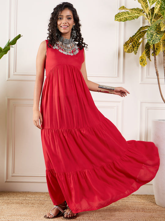 Red V Neck Sleeveless Long Tiered Dress