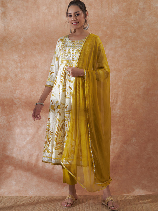 White Mustard Lurex Leaf Print Patch Gota Kurta Set W Mustard Dupatta