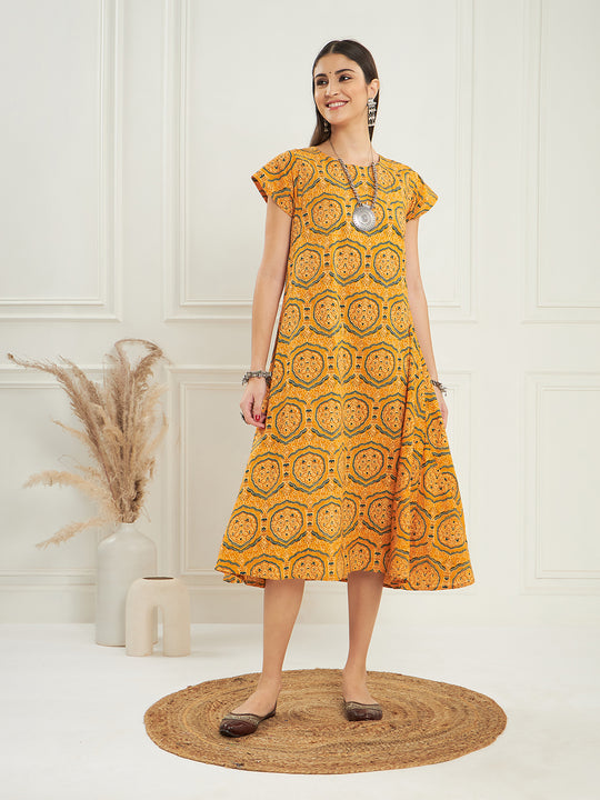Haldi Yellow Mughal Kalamkari A Line Dress