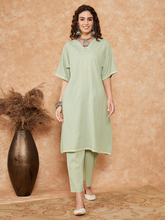 Sage Green Kantha Lace Wrok Kimono Sleeve Kurta Set