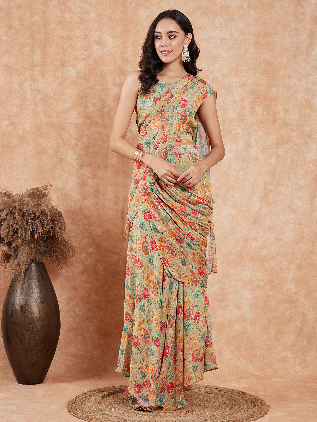 Pear Green Red Floral Skirt Saree