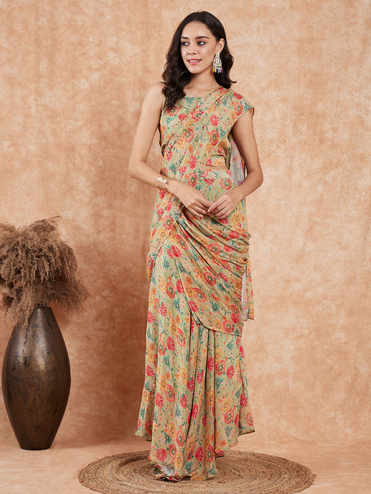 Pear Green Red Floral Skirt Saree