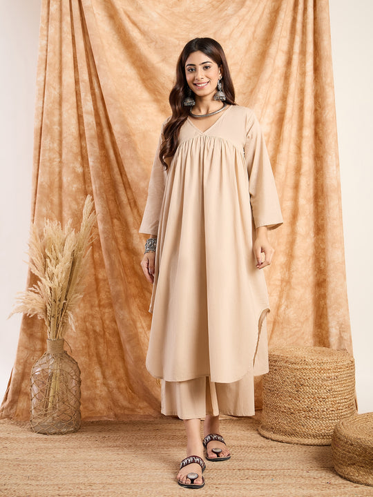 Beige Pastel V Neck Flared Kurta Set
