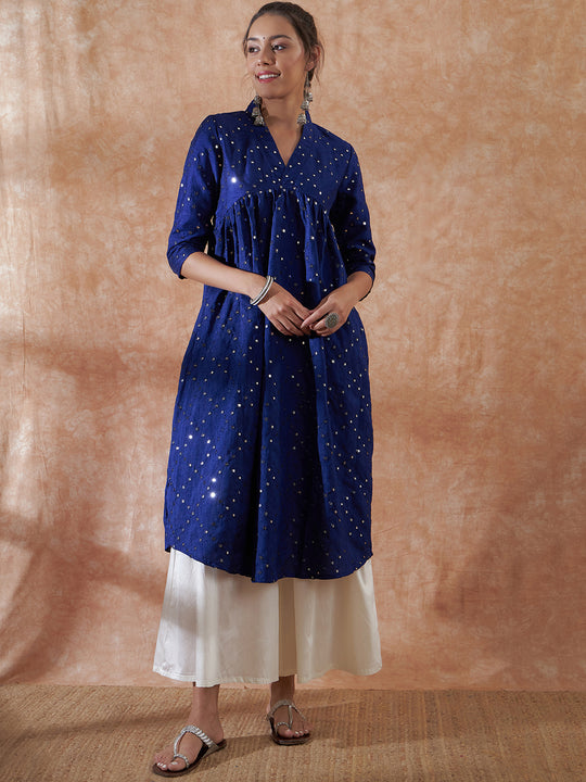 Blue Mirror Work Flared Kurta