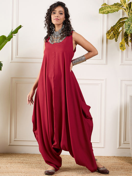 Maroon Round Sleeveless Jumpsuit