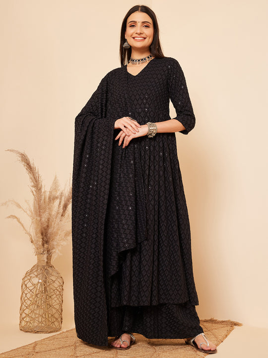 Black Chikankari Long Anarkali Kurta Sharara Set W Dupatta