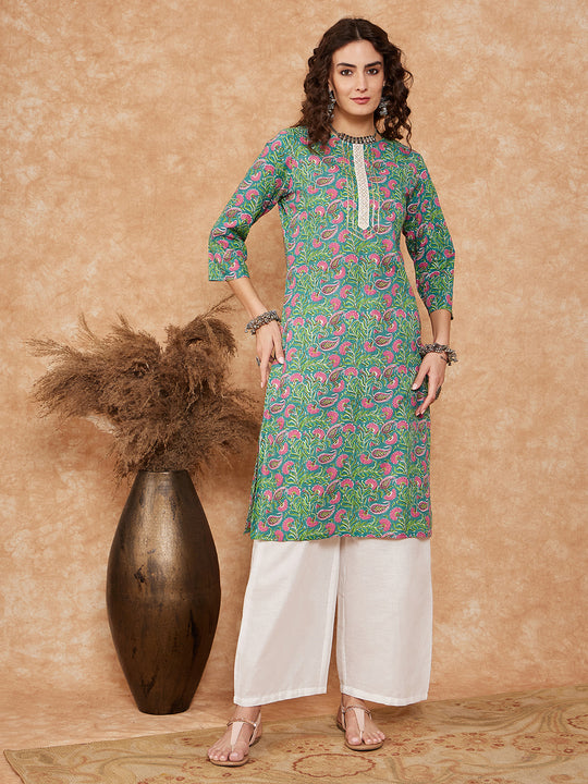 Sea Green Pink Lace Gota Work Straight Kurta
