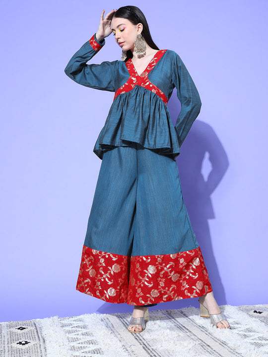 Teal Red Brocade Mughal Shaan Kurta Palazzo Set