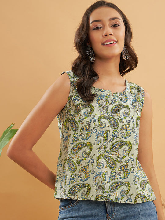 Sage Green Paisley Print Sleeveless Top
