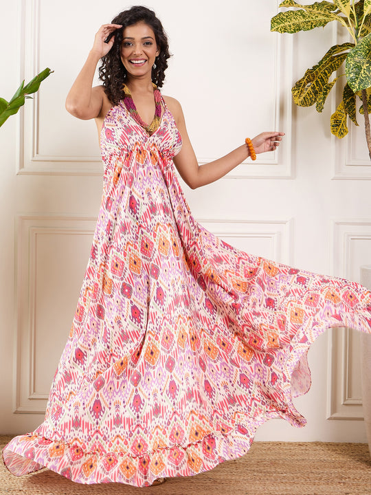 Offwhite Multi Ikkat Print Neck Long Backless Dress