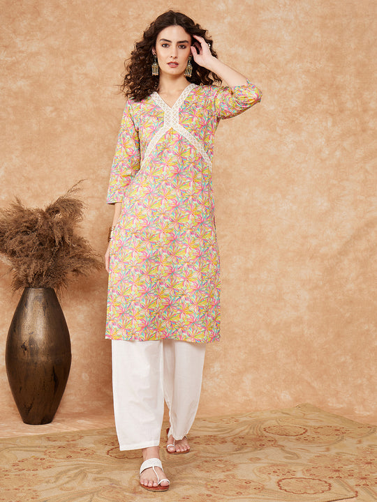 Multi Floral Painted Alia Lace Work Straight Kurta
