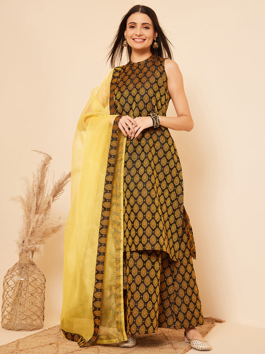 Black Jacquard Halter Kurta Set W Yellow Or Dupatta