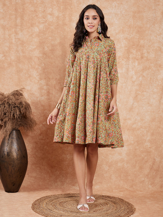 Pear Green Orange Floral Print Flared Dress