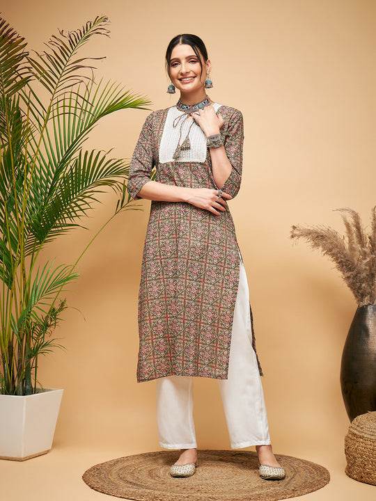 GREEN RED AJRAKH PRINT COTTON PATCH WORK STRAIGHT KURTA