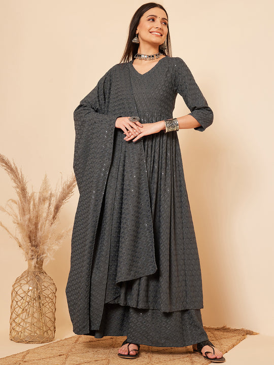 Grey Chikankari Long Anarkali Kurta Sharara Set W Dupatta