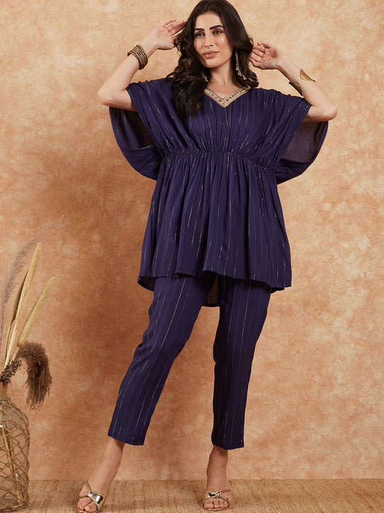 Royal Blue Lurex V Neck Gota Kaftan Style Kurta Set