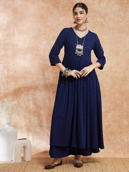 Royal Blue Chikankari Long Anarkali Kurta Sharara Set