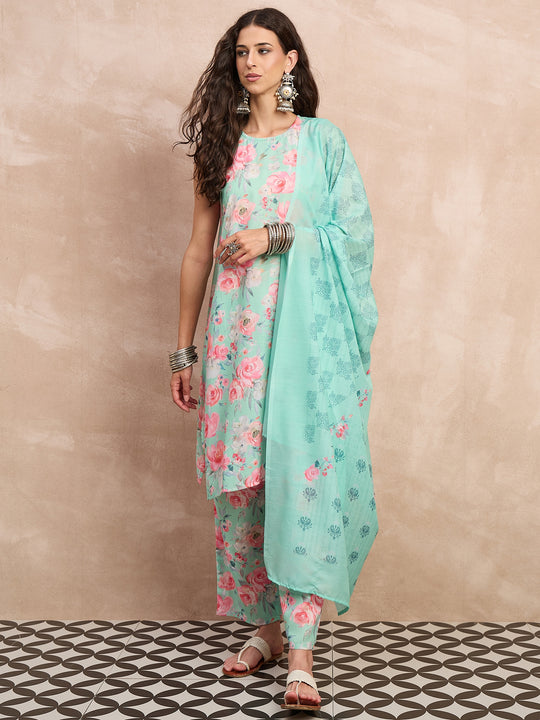 Green Peach Kurta Set With Dupatta