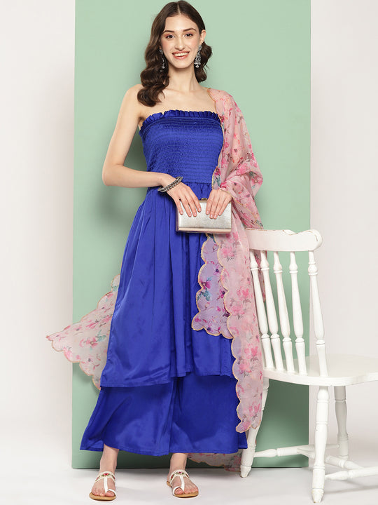 Ink Blue Off Shoulder Kurta Set - Pink Rose  Budsscalloped Dupatta