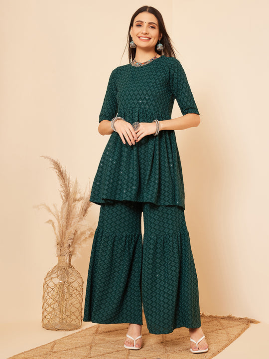 Forest Green Chikankari Kurta Sharara Set