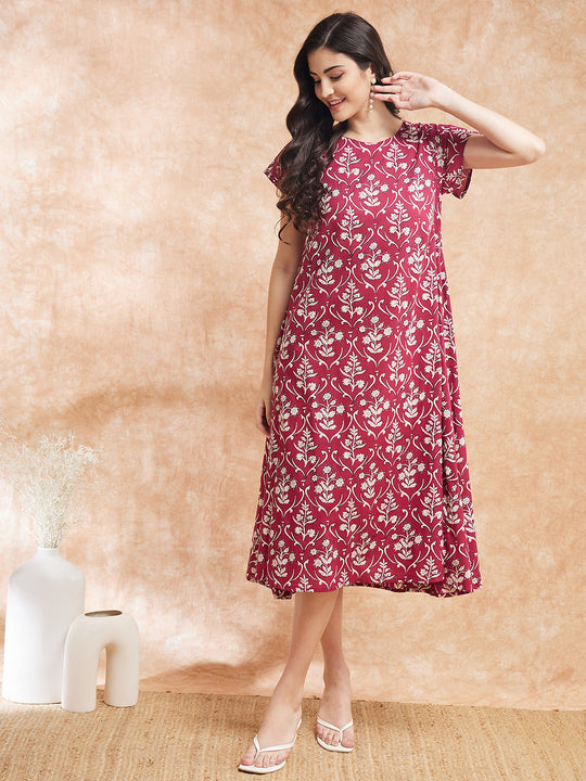 Wine Cream Floral Print A Line Dress