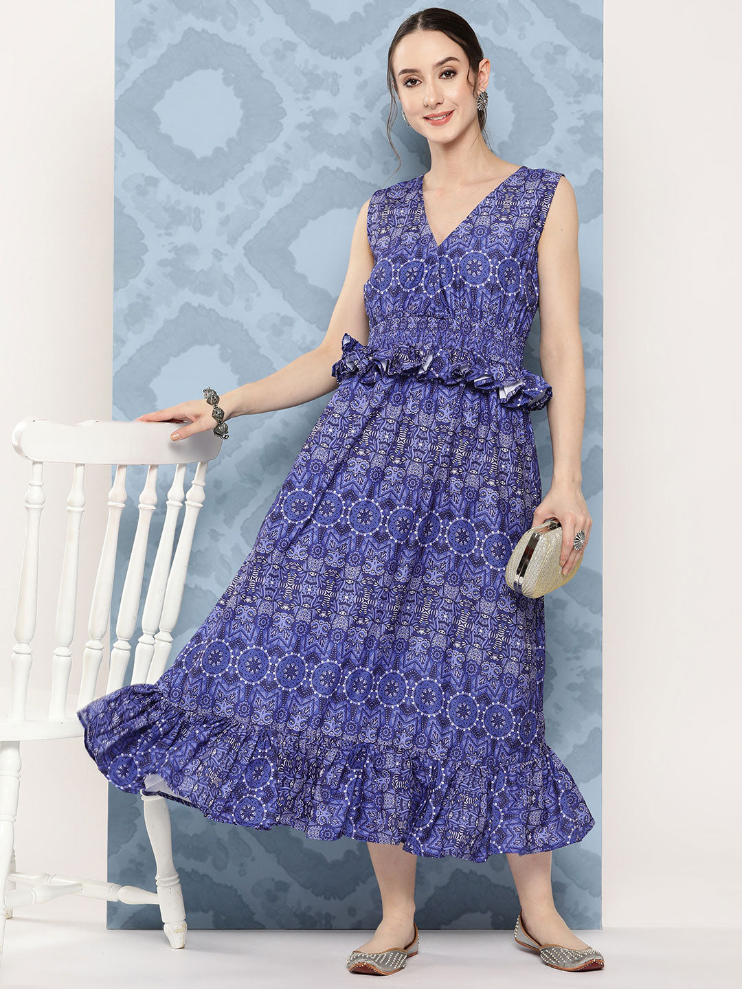 Blue Floral Paisley Print Long Frill Dress