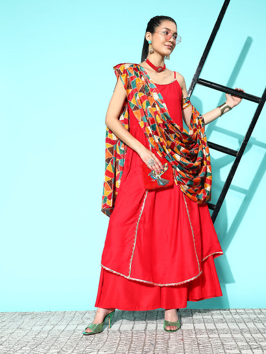 Red Gota Strappy Set With Multi Foil Muslin Dupatta