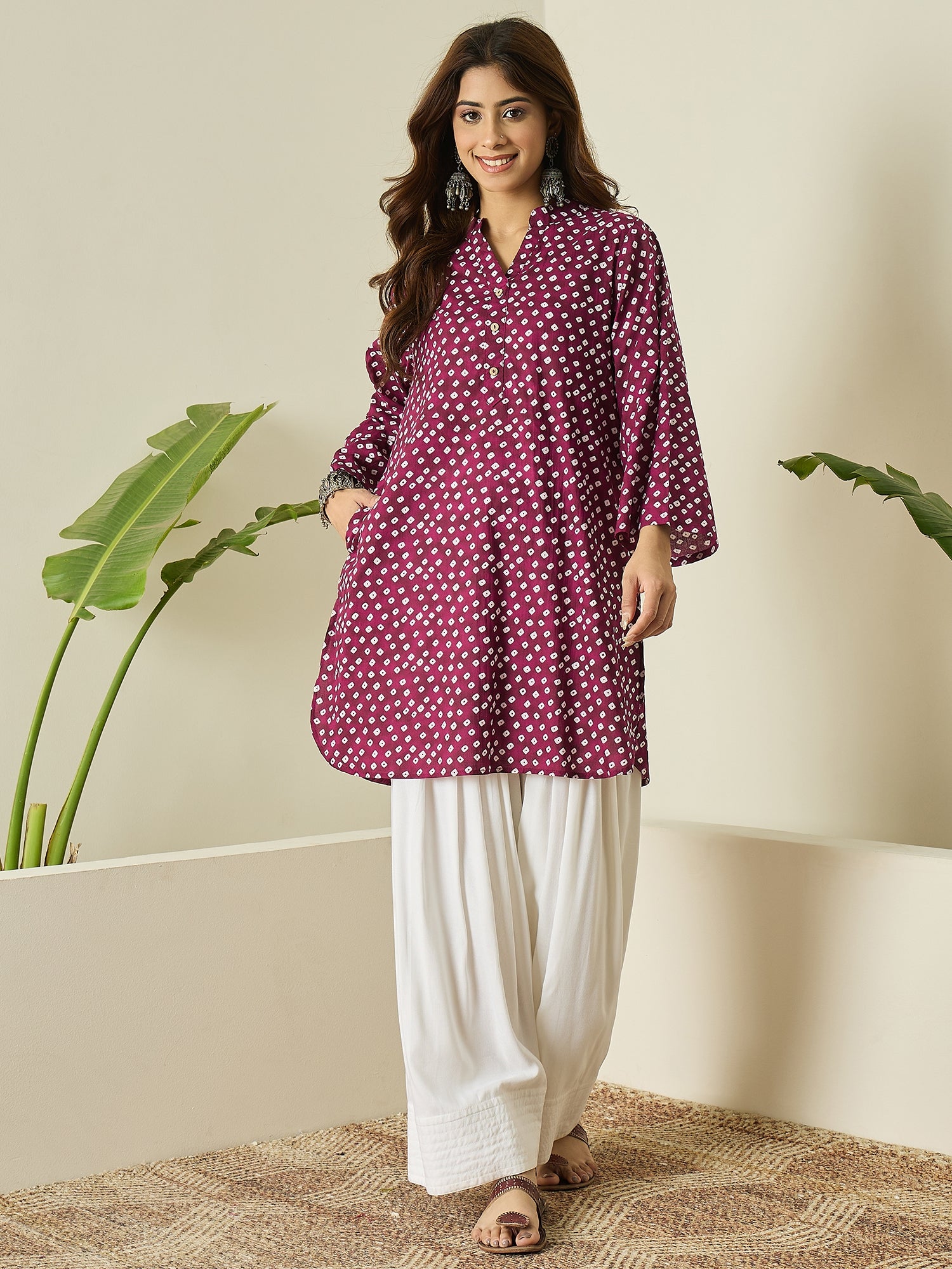 Wine White Dot Kurta White Salwar Set