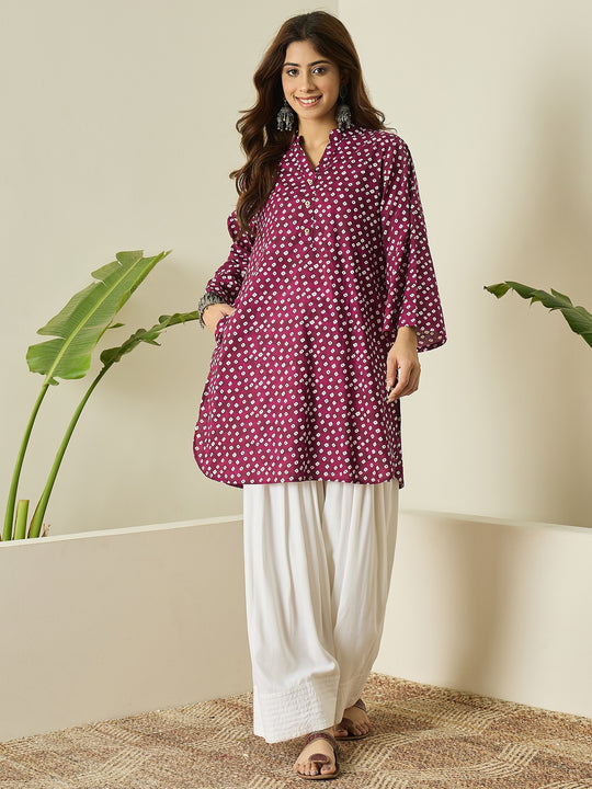 Wine White Dot Kurta White Salwar Set