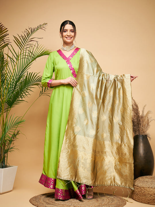 Lime Green Pink Border Anarkali  W Golden Wedding Brocade Dupatta