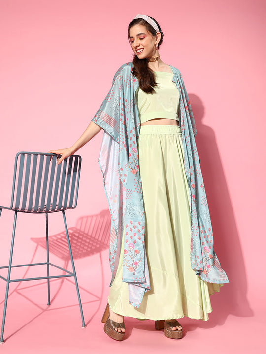 Lime Green Coord Set With Blue Chinnon Cape