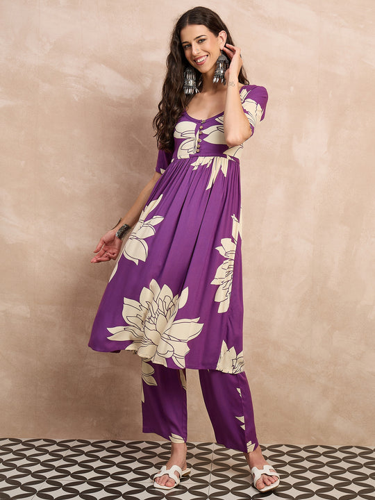 Mauve Big Lotus Button Kurta Set
