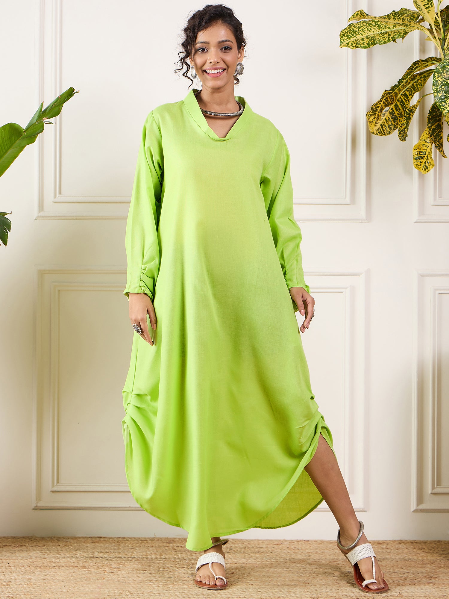 Neon Green Shawl Neck Long Side Pleat Dress - InWeave Neon Green Shawl Neck Long Side Pleat Dress - InWeave