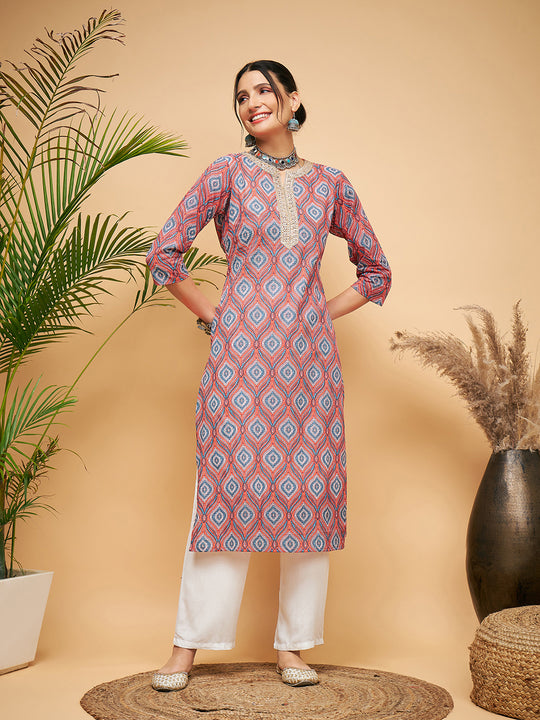 RED BLUE OGEE PRINT GOTA STRAIGHT KURTA