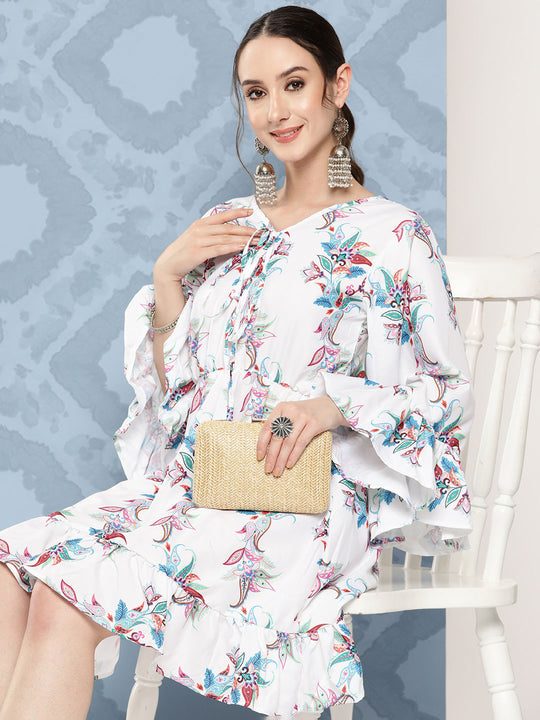 White Floral Paisley Print Short Dress